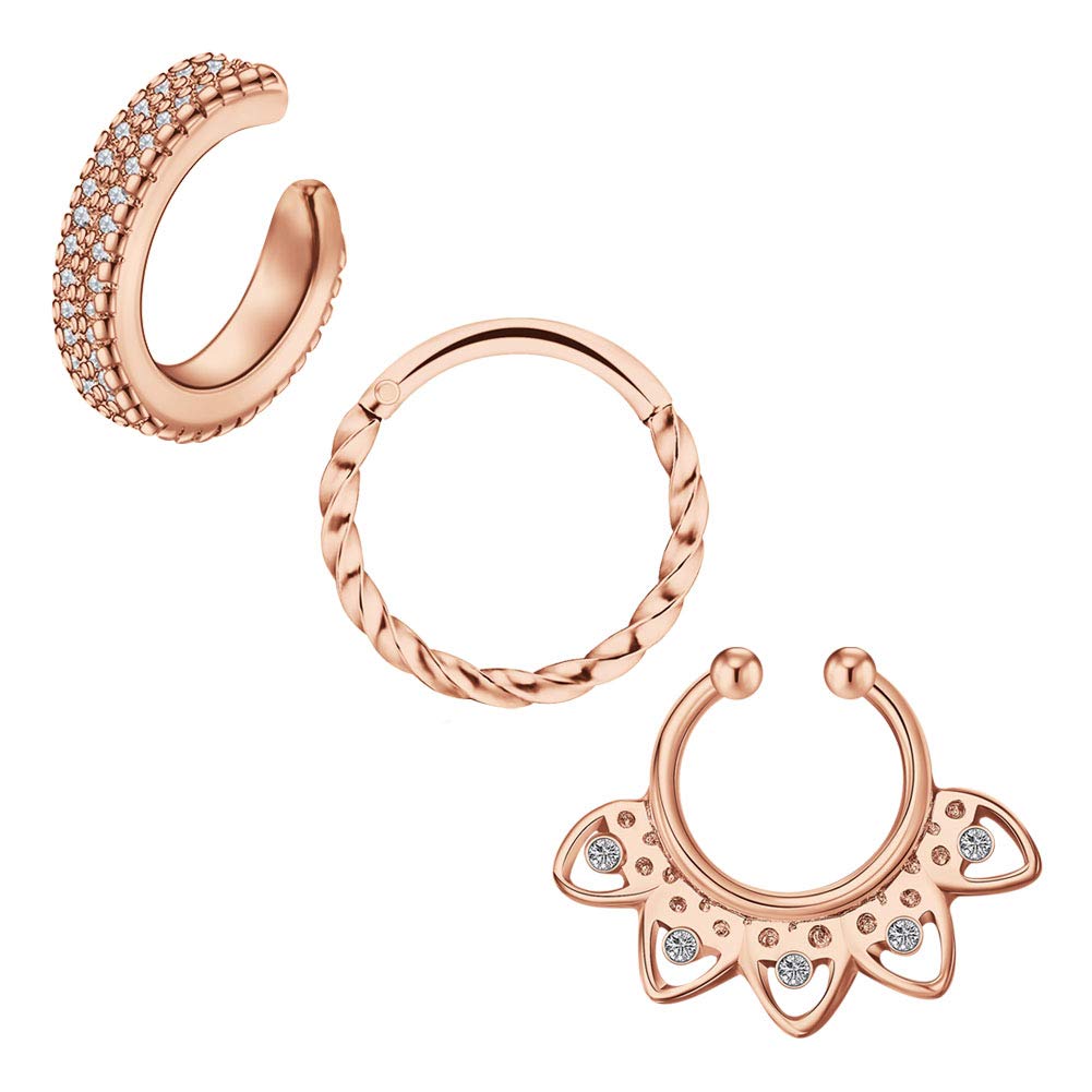 Nose Hoop Rings Clicker Septum Piercing Stainless Steel Women Men Helix Cartilage Earrings Piercing Jewellery Lip Piercing for Women Girls - Rose gold