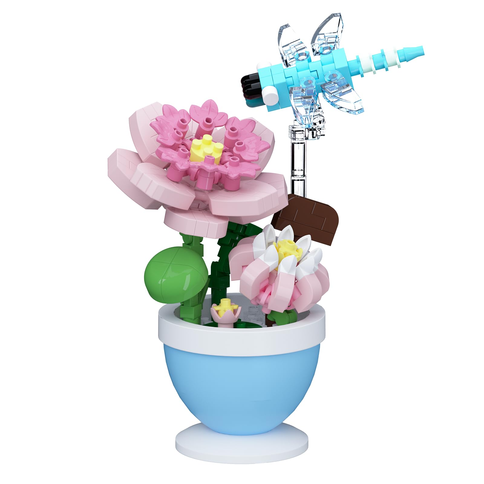 Sacblirr Mini Flower Bonsai with Cute Insects Lotus Dragonfly - DIY Potted Plant Building Blocks for Kids and Adults, Botanical Collection Decor Toy