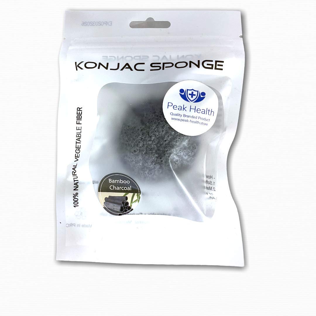 Peak Health Bamboo Charcoal Konjac Sponge - Natural Exfoliating and Cleansing Sponge Shower Puff for Face and Body