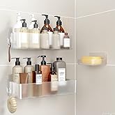 Orimade Shower Caddy 3-Pack, No-Drill Adhesive Shelves for Bathroom, Rustproof ABS Storage Organizer Set, Clear