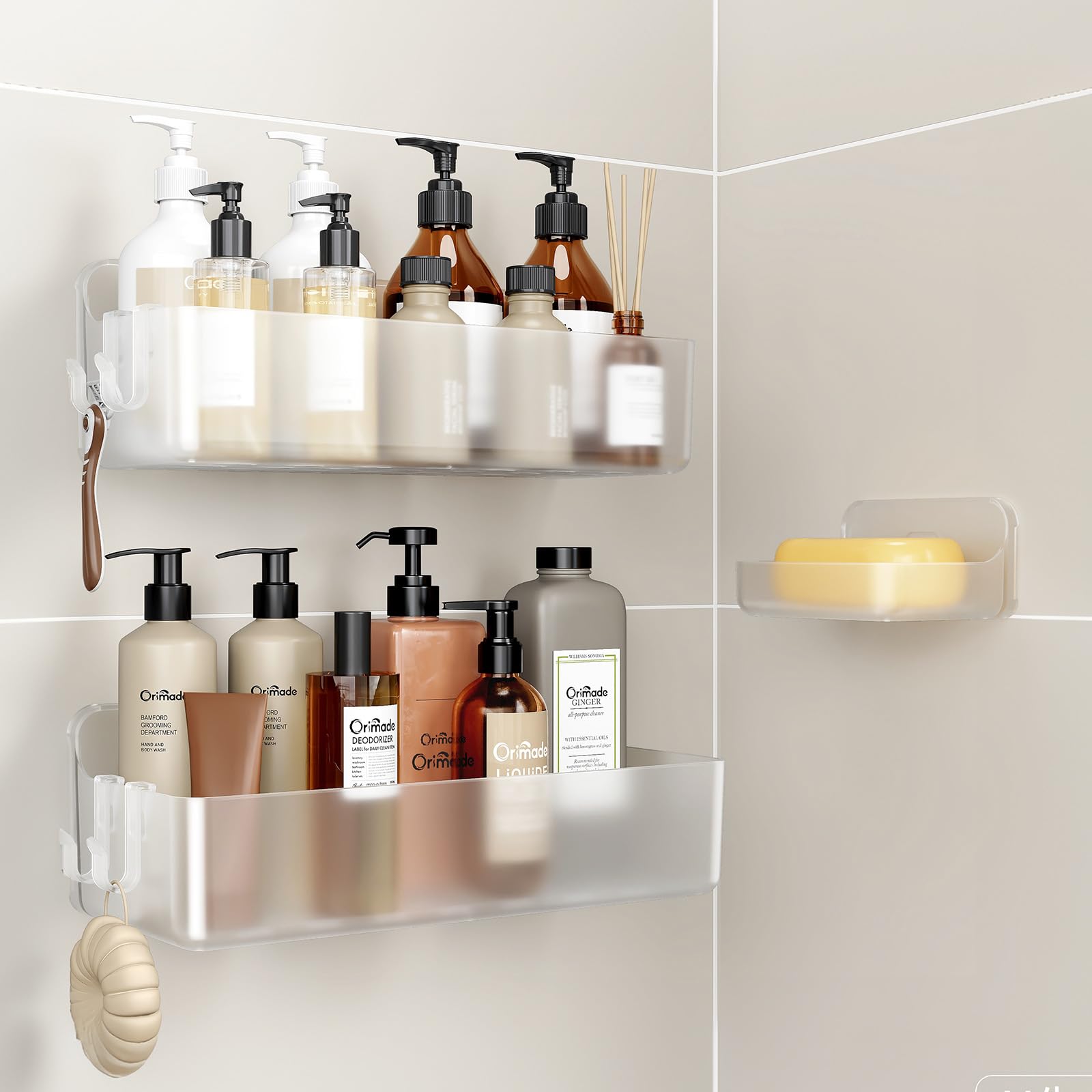Orimade Shower Caddy 3-Pack, No-Drill Adhesive Shelves for Bathroom, Rustproof ABS Storage Organizer Set, Clear