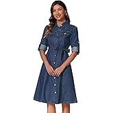 Allegra K Denim Dress for Women's Long Sleeve Button Down A-Line Belted Classic Jean Dresses