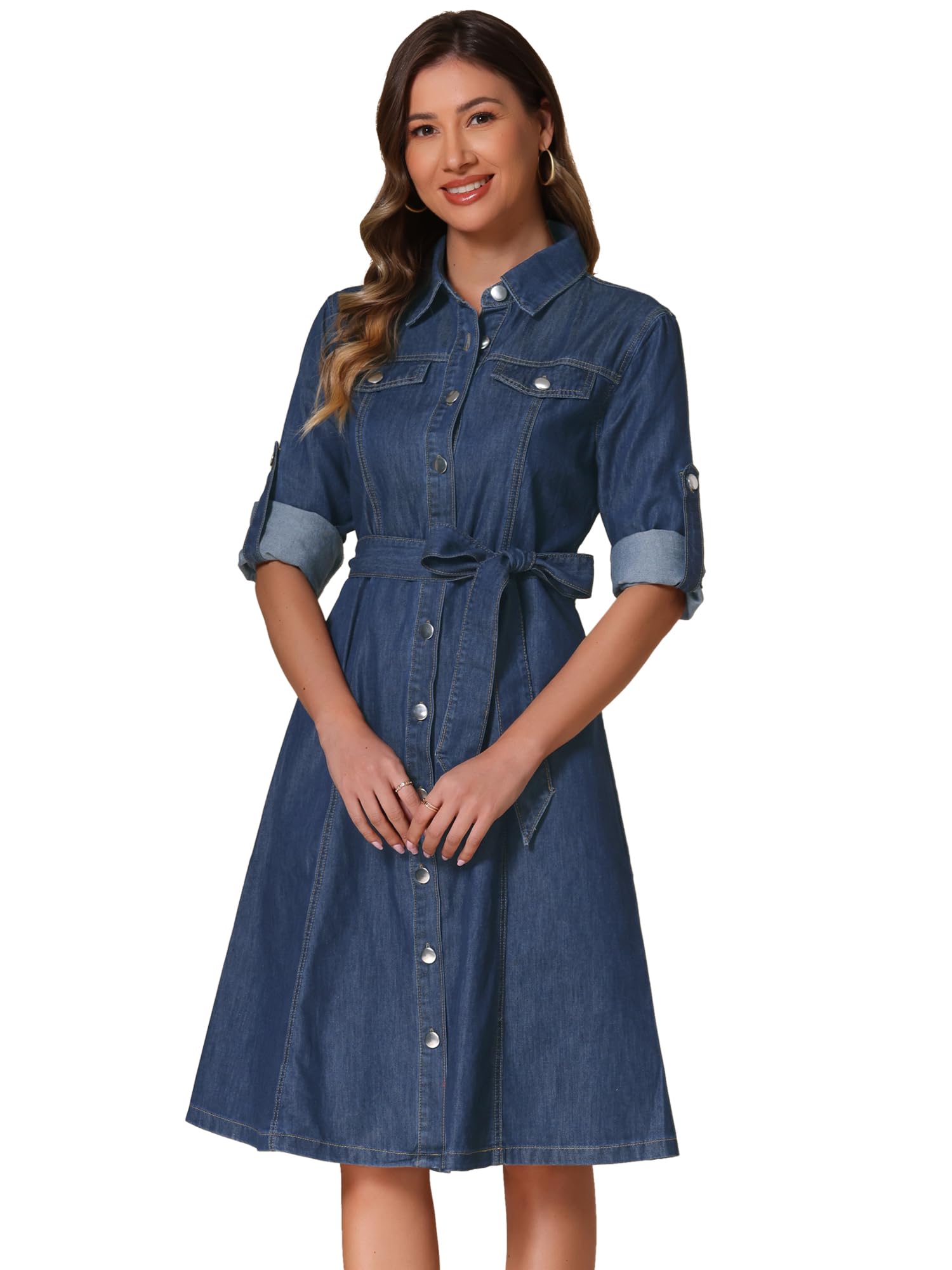 Women's Solid Blue Denim A-Line Midi Dress with Belt