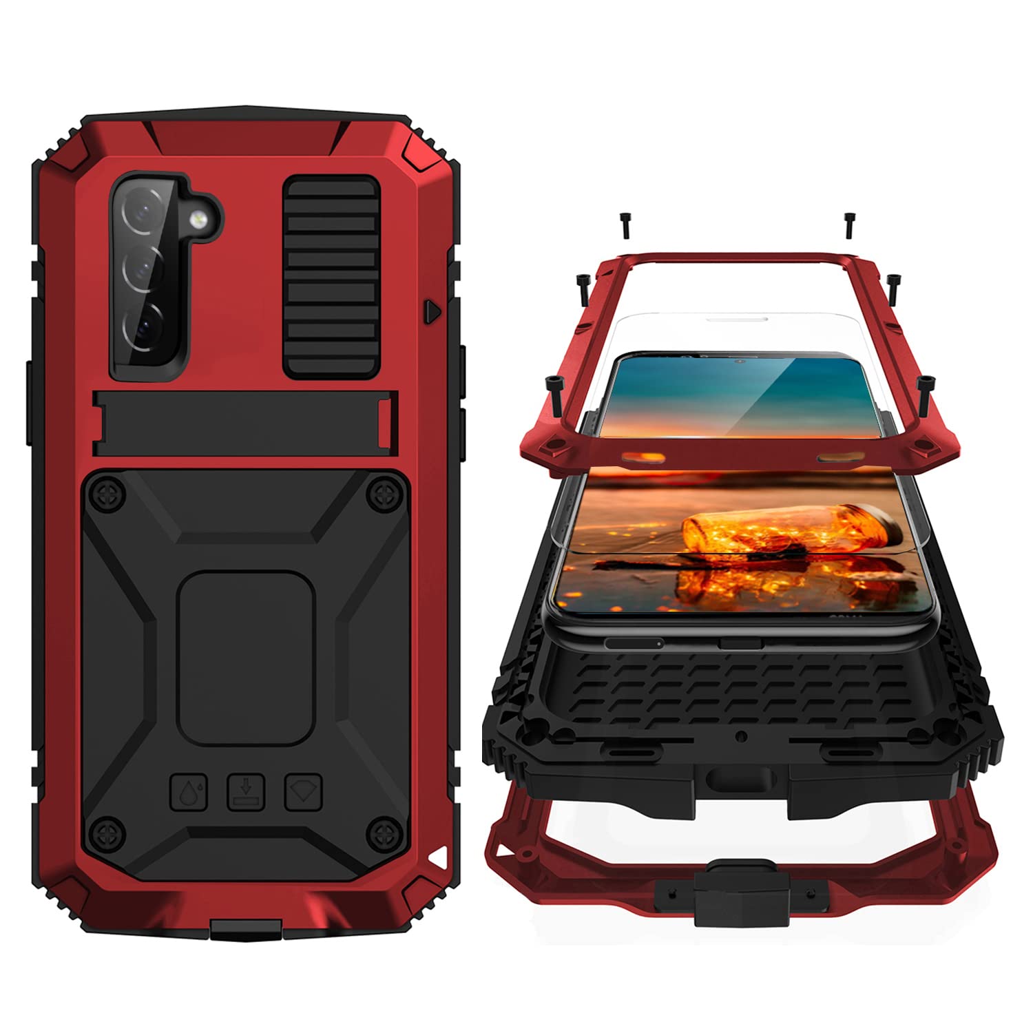Simicoo Samsung S22 Plus Metal Case with Screen Protector Camera Protector Military Rugged Heavy Duty Shockproof Case with Stand Full Cover Tough case for Samsung S22 Plus (S22 Plus, Red)