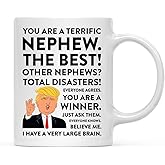 Andaz Press Funny President Donald Trump 11oz. Coffee Mug Gift, Terrific Nephew, 1-Pack, Hot Chocolate Christmas Birthday Drinking Cup Republican Political Satire for Family in Laws