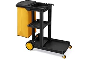 TUFFIOM Commercial Traditional Cleaning 3-Shelf Janitorial Cart, 500 Lbs Capacity Housekeeping Cart, Wheeled with Yellow VinylBag and Cover w Lid, Black