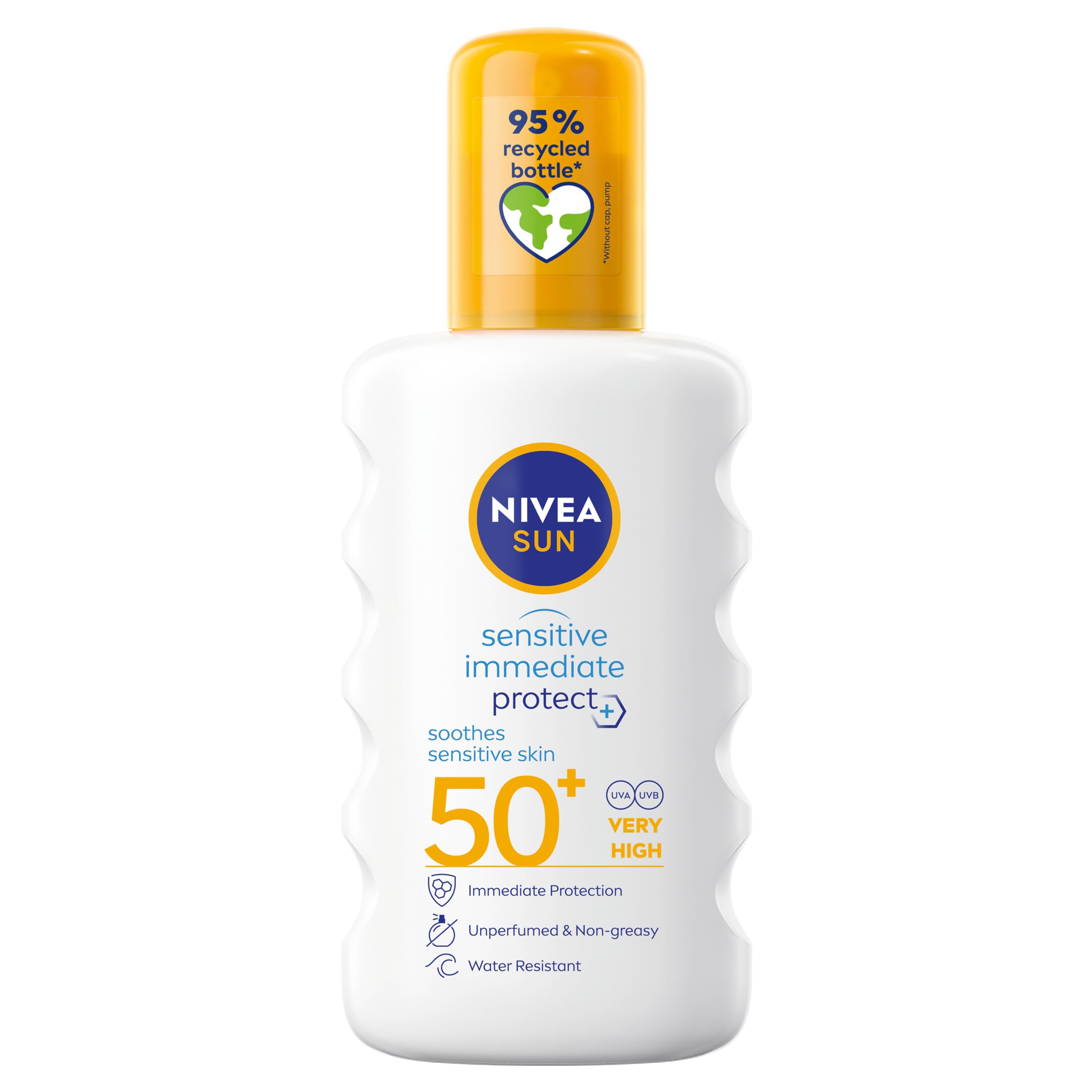 NIVEA SUN Protect and Sensitive Sun Spray (200 ml), Sunscreen with SPF50, Suncream for Sensitive Skin with Aloe Vera, Immediately Protects Against Sun Exposure