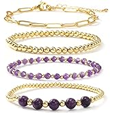 SHINUS BOHO Dainty 14K Gold Crystal Beaded Bracelet Stack for Women,4PCS Cute Ball Purple Gemstones Beads Paperclip Link Stackable Bracelets Set Fashion Festival Birthday Accessories Outfit Jewelry Gift