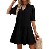 Dokotoo Casual Dresses for Women Lapel Collared V Neck Mid Sleeved Pleated Summer Dresses for Women 2026 Midi Dresses