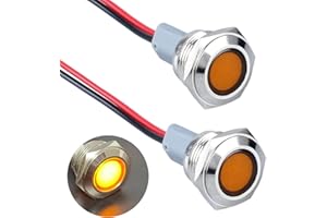 DMWD 2PCS 16mm Metal Indicator Light Mounting Hole 5/8", 12-24V AC/DC 20mA Waterproof IP67 Single lamp LED Pilot Lamp Flat Head with 20cm/7.87in. Wire for Car Truck Boat(Yellow LED)