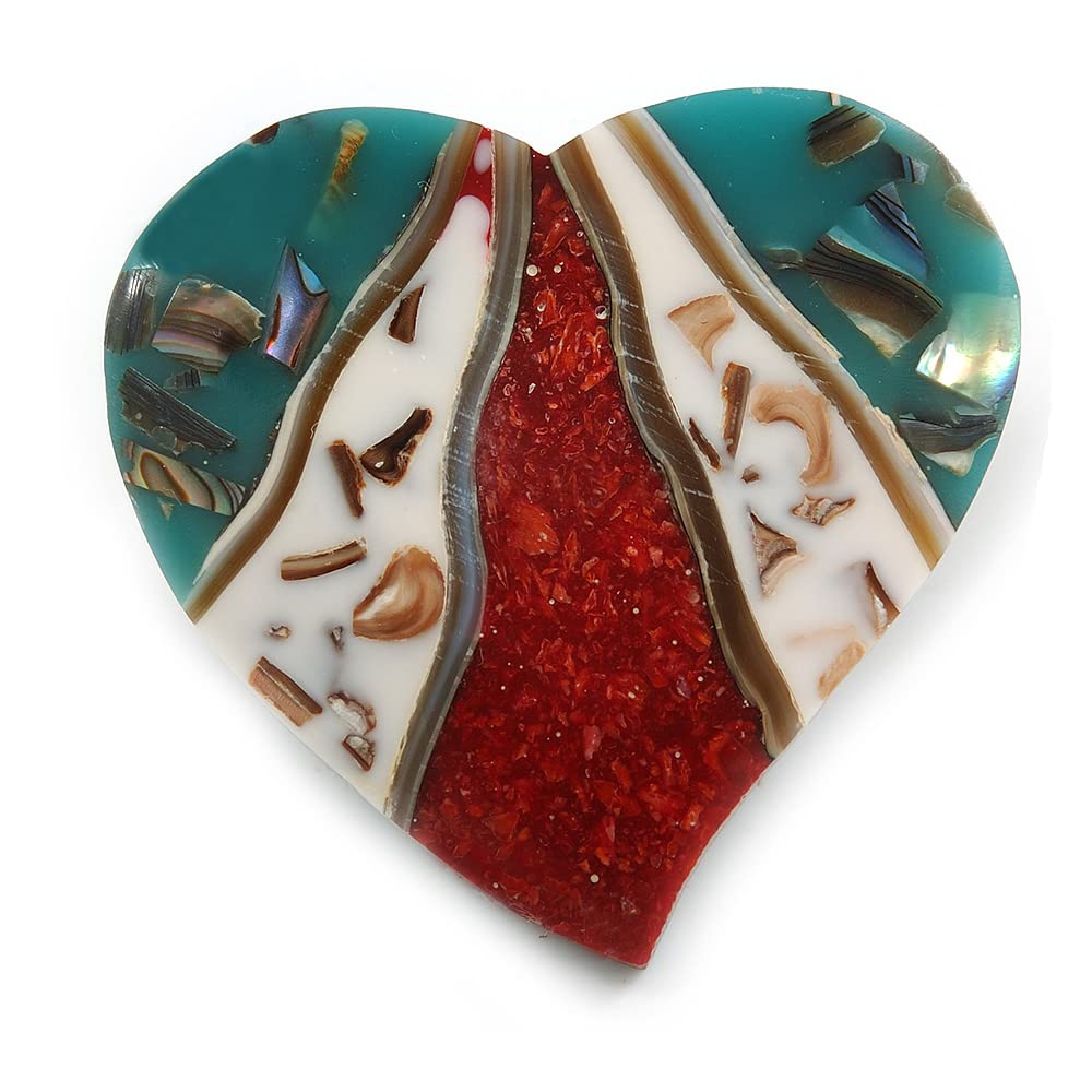 40mm L/Heart Shape Sea Shell Brooch/Teal/Red/White Shades/Handmade/Slight Variation In Colour/Natural Irregularities