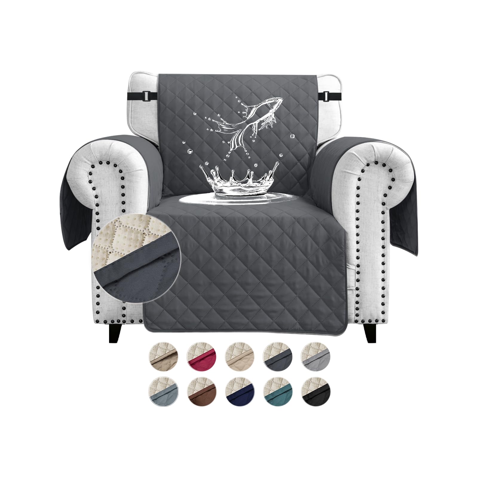 FIGOOO Sofa Covers Water Resistant Sofa Slipcovers 1 Seater Waterproof Anti-Slip Anti-Scratch Sofa Cover with Non Slip Elastic Straps for Dogs Cats Pets,Dark Grey