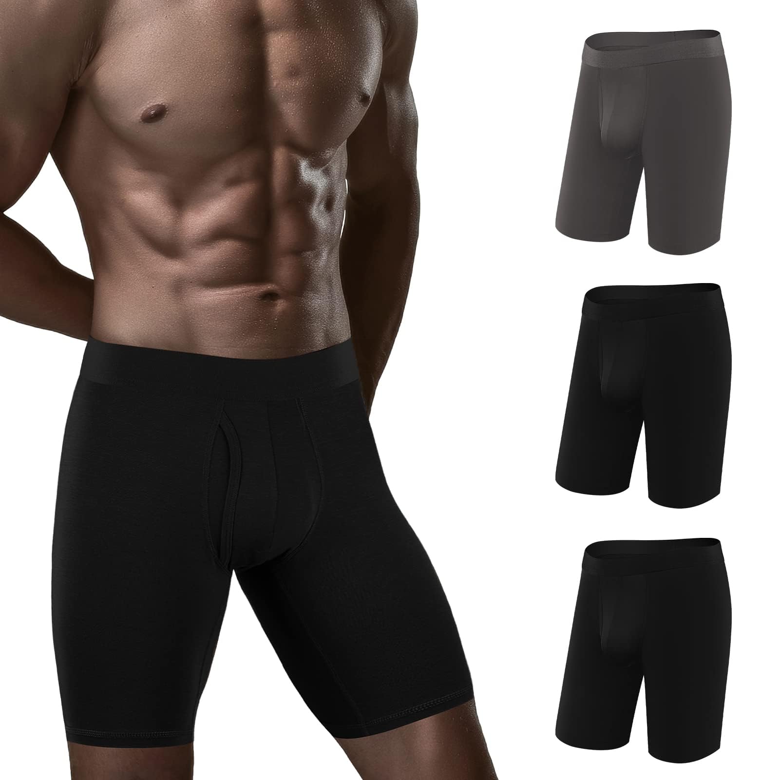 Photo 1 of 5Mayi Mens Underwear Cotton Boxer Briefs 9 Inch Long Leg Boxer Briefs for Men Pack XXL