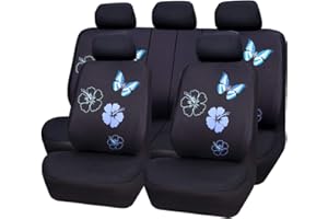 CAR PASS Universal Fabric Car Seat Covers, Print Light Blue Flower and Butterfly Seat Covers Full Set with Airbag Compatible, Fit Sedans,Cars,Vans,Suitable for Women & Girly (Black and Blue)