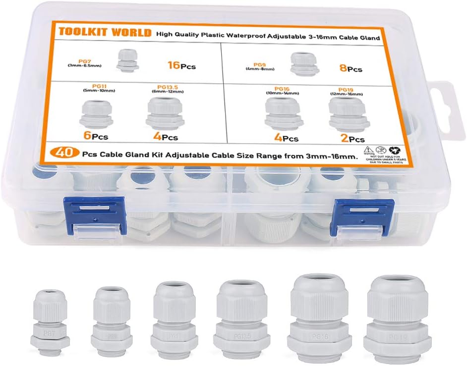40 Pcs Adjustable Cable Gland Waterproof Cable Gland Cable Gland Joints Kit, PG7, PG9, PG11, PG13.5, PG16, PG19, White