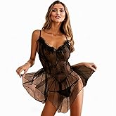 EASYLONGJEE Sexy Lingerie for Women, Lace Floral Babydoll Dress Sheer Chemise Nightwear Boudoir Outfits Lingerie Black Onesize 2-8