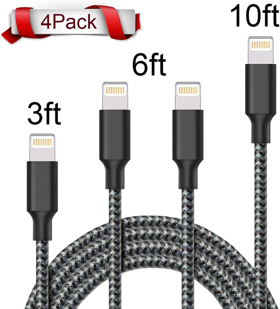 Akaho Lightning Cable, iPhone Cable iPhone Charger 4Pack 3FT 6FT 6FT 10FT Extra Long Nylon Braided Cord to USB Charging for iPhone 7/7 Plus/6/6 Plus/6S/6S Plus,SE/5S/5,iPad,iPod Nano 7 (Black+White)