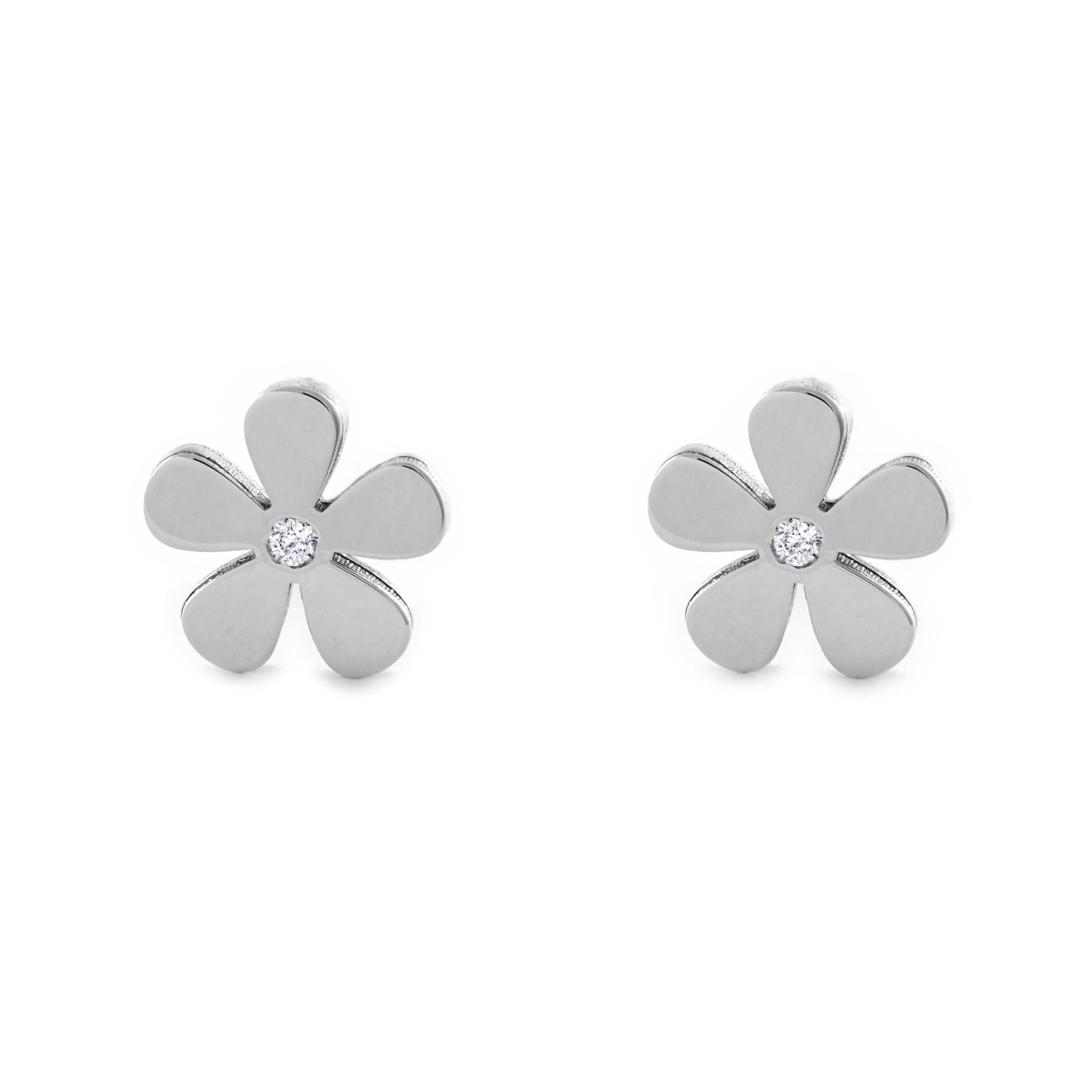 Mondepetit - 9ct White Gold Flower Cubic Zirconia Children's Girls Earrings shine