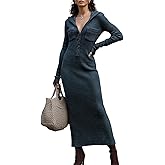 LEHAFE Women's Navy Slim-Fit Hooded Knitted Maxi Sweater Dress with V-Neck,Buttons and Pockets,Long Sleeve Spring Fall Winter