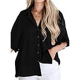 Astylish Women's Button Down Shirts Ruffle Short Sleeve V Neck Wrinkled Dressy Blouse Tops