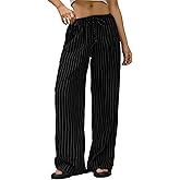 GORGLITTER Women's Wide Leg Pinstripe Pants Baggy Striped Pants Dressy Casual Drawstring Waist Trousers Lounge Pants