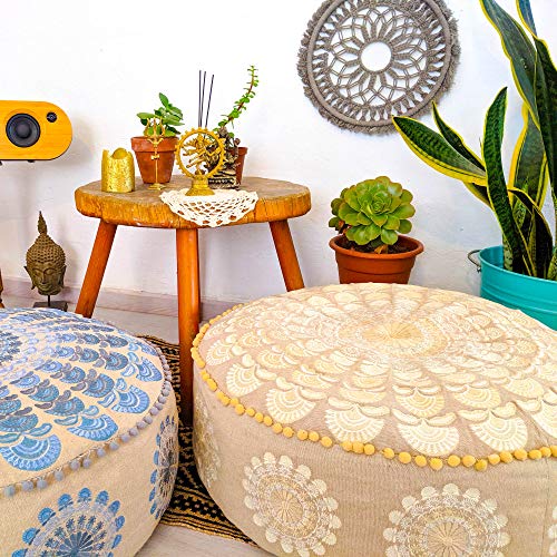 Mandala Life ART Bohemian Yoga Decor Pouf Ottoman - 24x8 inches - Stuffed with Premium Filler - Round Beige Meditation Pillow - Embroidery Organic Cotton Floor Cushion - Thumbnail 4