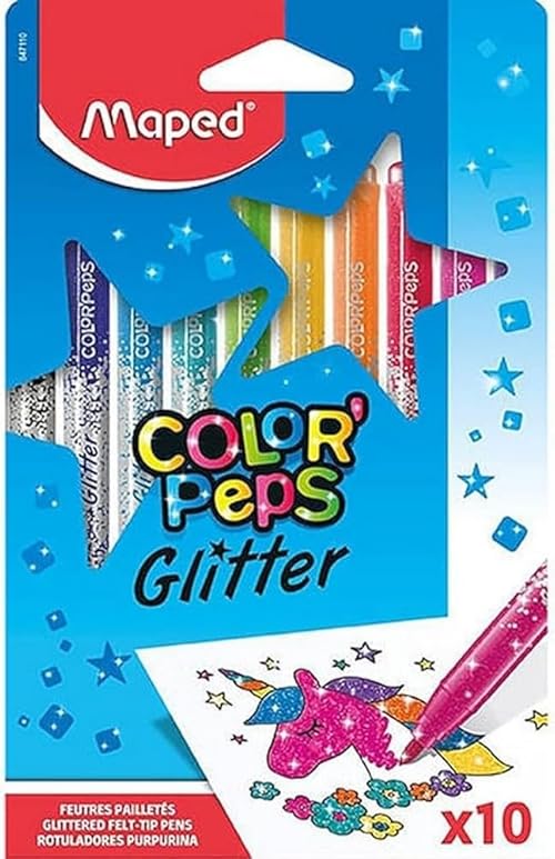 Maped Color'Peps Glitter Felt Tip Pens - Excellent Coverage - Pack of 10