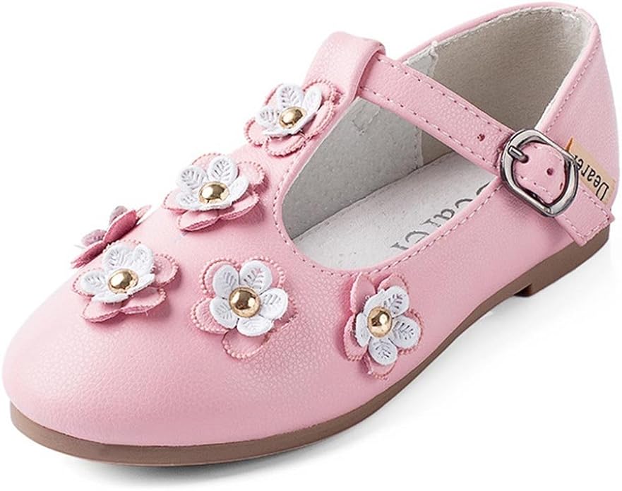 Toddler Girls Mary Jane Shoes Toddler Leather Princess Flower Flat Sneakers (1 UK Little Kid