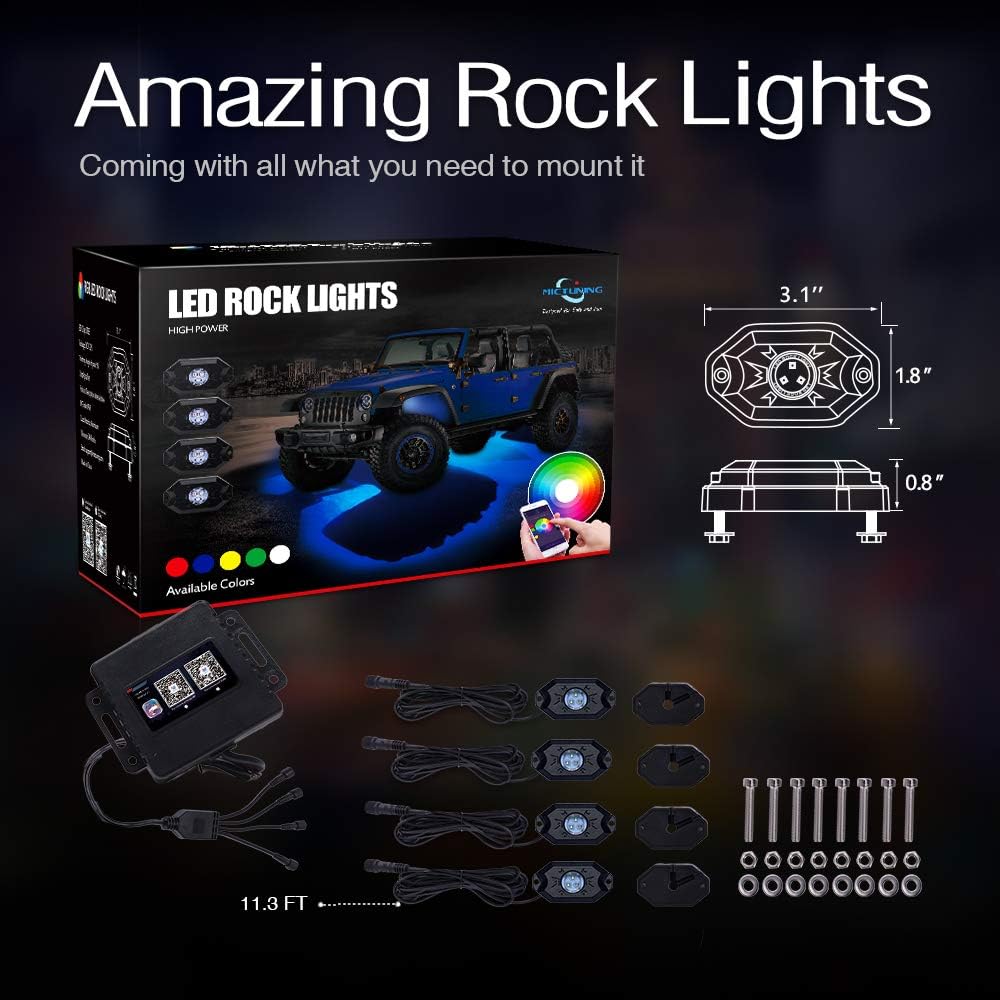 MICTUNING 2nd-Gen RGB LED Rock Lights with Bluetooth Controller, Timing Function, Music Mode - 4 Pods Multicolor Neon LED Light Kit: Automotive