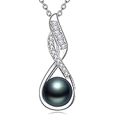 8mm Tahitian Black Pearl Pendant Necklace With Moissanite, 18k White Gold Plated Cultured Black Pearl, Anniversary Birthday Gift For Women, 18+2 Inch Chain