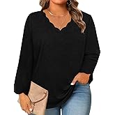 Beautife Womens Plus Size Long Sleeve T-Shirts Trendy Casual Scallop Trim V Neck Tunic Tops Curvy Loose Fit Fall Blouse Tees