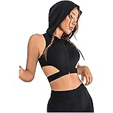 OYOANGLE Women's Zip Front Sports Bra Cut Out High Support Hooded Crop Tank Top Activewear