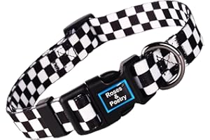 Roses&Poetry Dog Collar with Colourful Checkered Patterns, Adjustable Durable Puppy Collars for Small Medium Large Dogs (Black & White-M)
