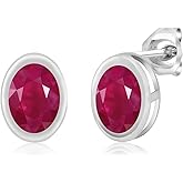 Gem Stone King 2.00 Ct Oval 7x5mm Bezel Setting Red Ruby 925 Sterling Silver Stud Earrings For Women Men