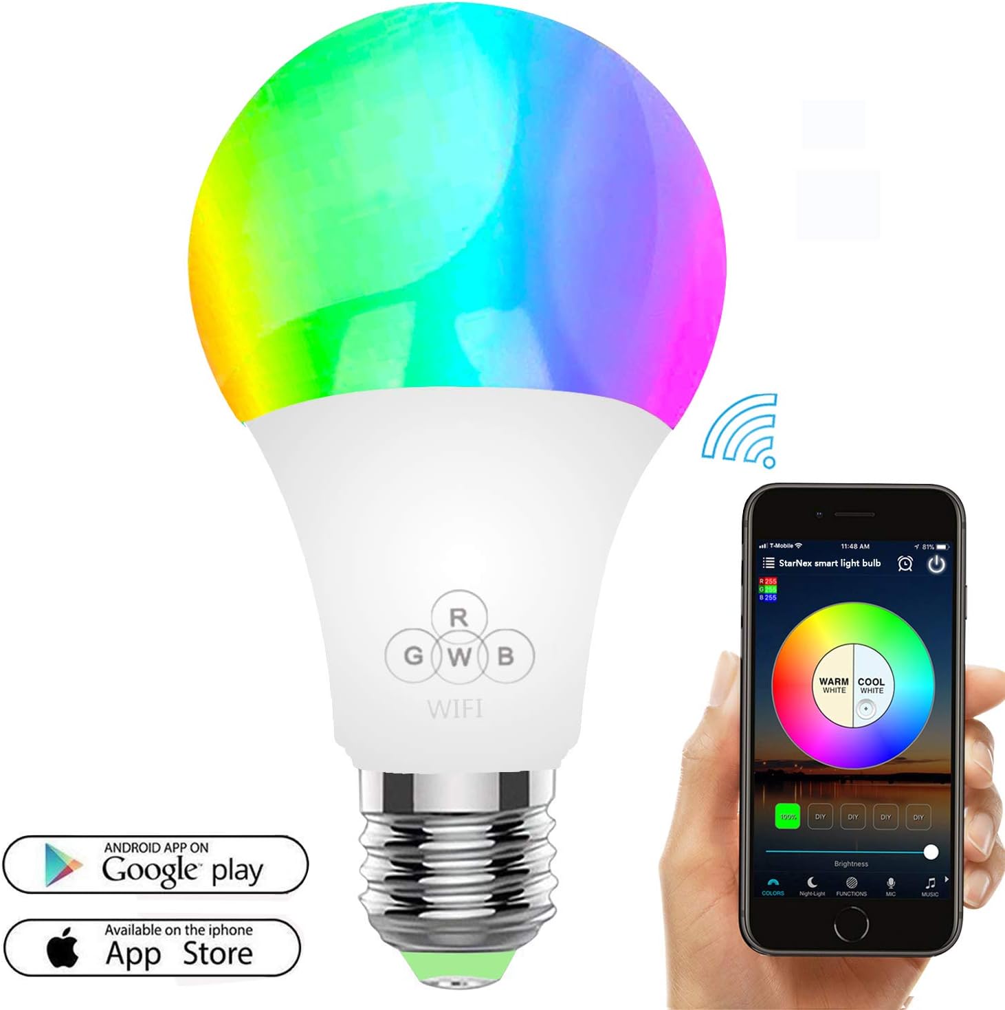 Smart LED Light Bulb, WiFi Light Bulbs 50W Equivalent, Dimmable RGBW Colour Changing Light with APP Remote Control, E27 Wake-Up Lights Smart LED Light Bulb Compatible with Alexa, Google Home（6.5W) …