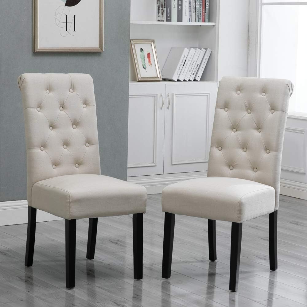 HomeSailing Modern Beige Dining Room Chairs Set of 2 Only Kitchen Chairs Button Tufted with Fabric Upholstered Padded for Accent Restaurant with Solid Black Legs