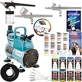 3 Airbrush Kit with 6 U.S. Art Supply Primary Airbrush Colors and Master Airbrush Cool Runner Pro Airbrush Compressor Air Filter/Regulator 2 Gravity Feed Dual Action Airbrushes and 1 Suction Airbrush