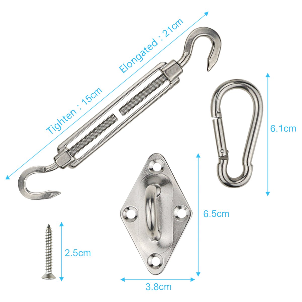 Magicfun Sun Shade Sail Hardware Kit for Rectangle & Square Installation 316 & 304 Stainless Steel Silver for Deck Garden Lawn Patio