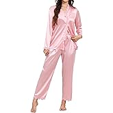 TeJoyce Womens Silk Pajamas Set Button Down 2 Piece Pjs Satin Long Sleeve and Pants Lace Sleepwear Lounge Set