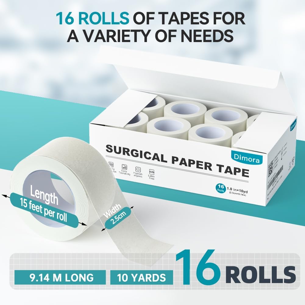 Dimora Paper Medical Tape 16 Rolls- Hypoallergenic White Surgical Tape for Sensitive Skin，Breathable First Aid Wound Tape with Pain-Free Removal，Secures Dressing and Medical Devices -1