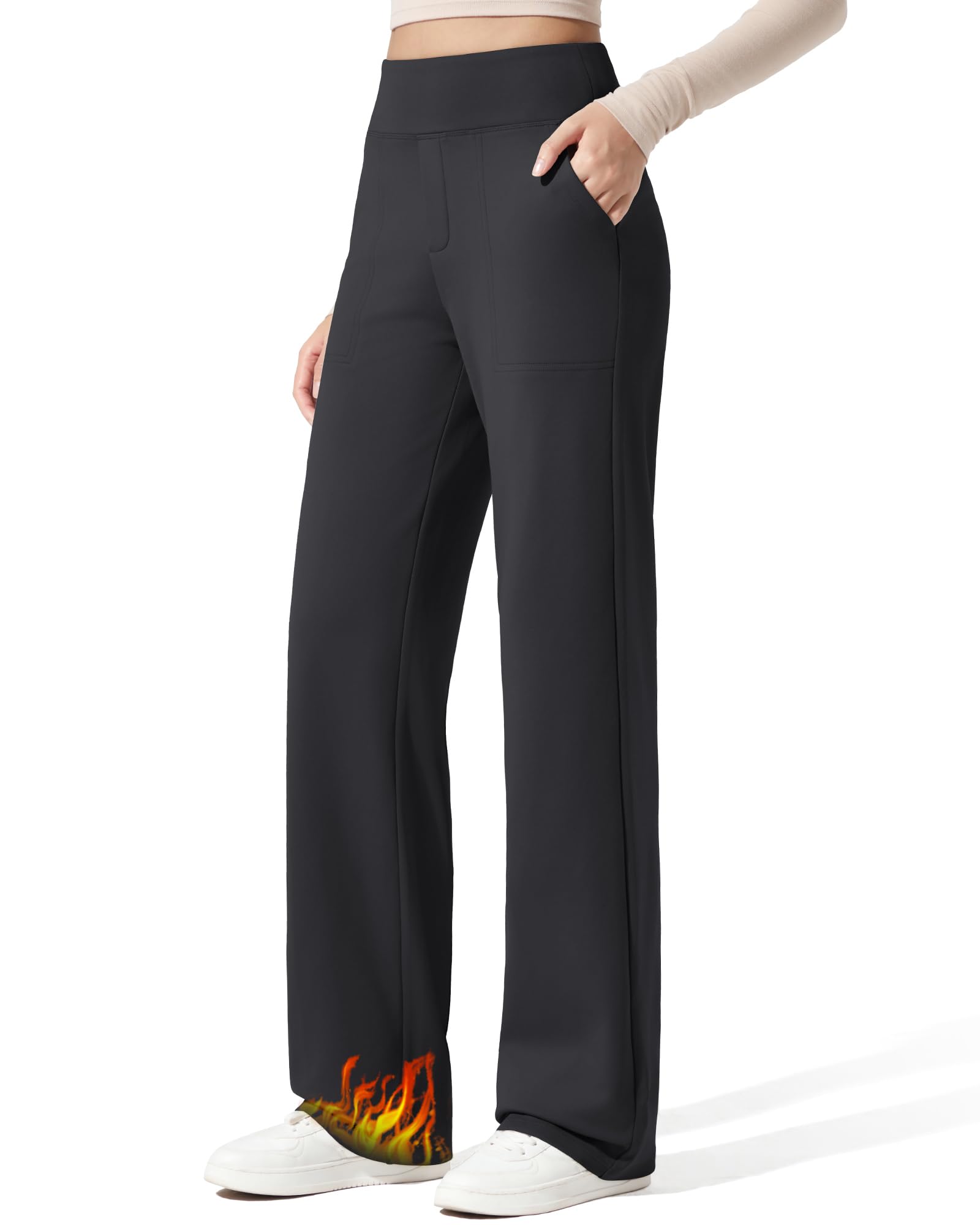 G4Free Women Fleece Lined Pants with Pockets Wide Leg Winter Thermal Work Trousers Dressy Casual Petite/Regular/Tall