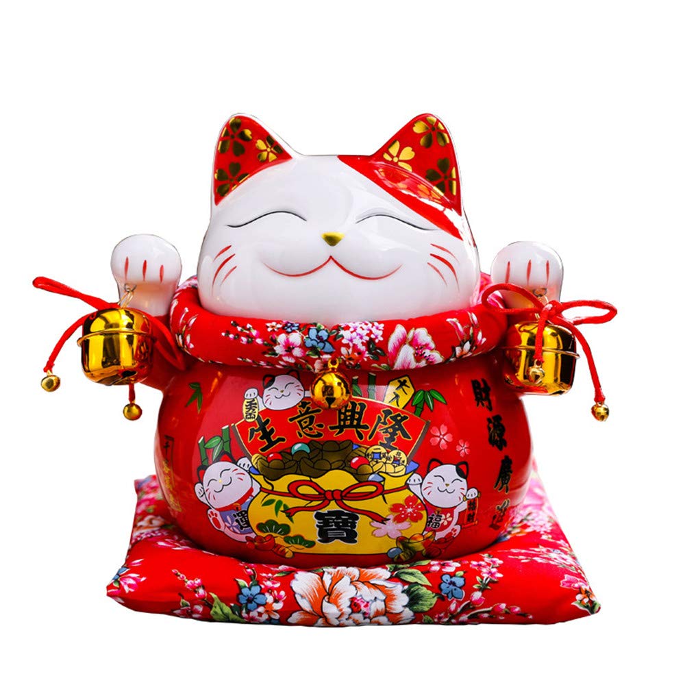 Lucky Cat Coin Bank Style with Two Bells Ornately Decorated Porcelain,Feng Shui 7 Inch Fortune Cat Meaning Business is Booming