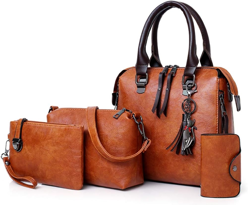 Segater® Women Fashion Handbag+Shoulder Bag+Purse+Card Purse Faux Leather Tote 4 Pieces, Brown