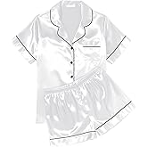 Ekouaer Womens Silk Satin Pajama Sets Soft Short Sleeve Button Down Sleepwear Top and Shorts 2 Piece Pjs Lounge Set