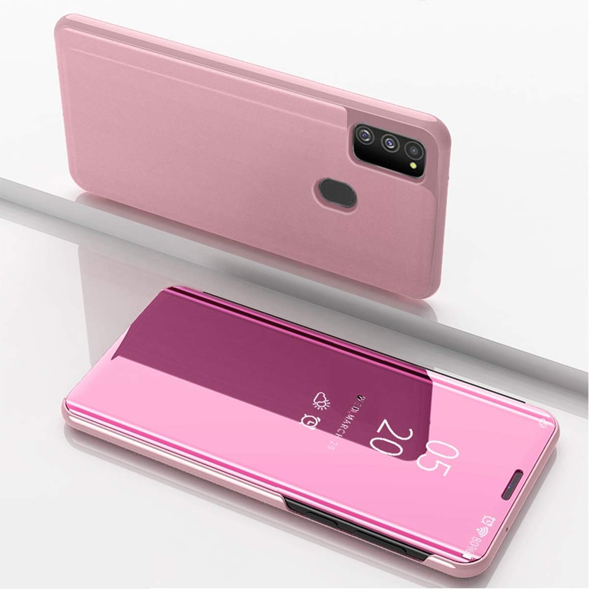 GUANHAO Case for Galaxy M30s, Translucent Window Stand Plating Mirror PU Leather Hard PC Non-Slip Shockproof Flip Cover Protective Case for Samsung Galaxy M30s (Rose Gold)