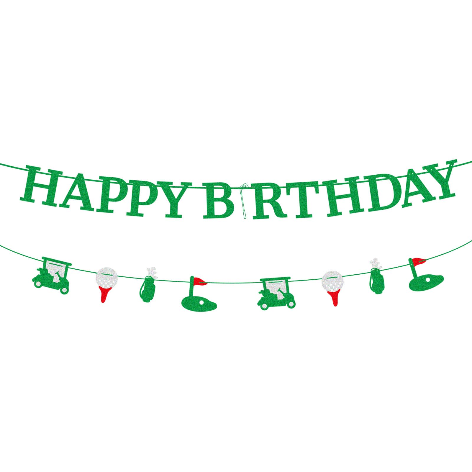 Photo 1 of 2pcs Golf Happy Birthday Banner, Pre-Strung Glitter Golf Ball & Club Cutouts Birthday Banner Sport Themed Party Decorations for Kids Adults