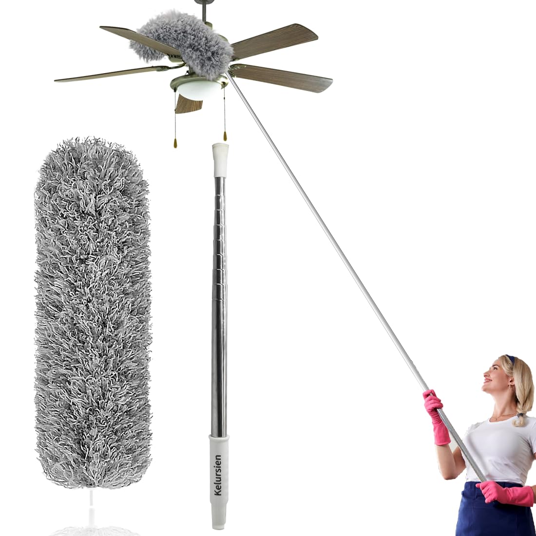 Feather Duster Extendable with Stainless Steel Extension Pole, 100 Inches Extra Long Telescopic Dusters, Microfiber Duster with Bendable Head for Cleaning Interior Roof, Cobweb, Ceiling Fan, Cars