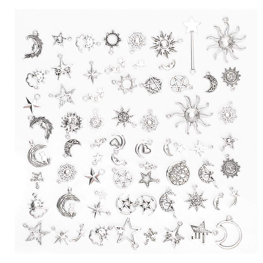 70pcs Charms for Jewelry Making, Tibetan Silver Pendant Charms, Sun Moon Star Pattern Pendants for DIY Necklace Bracelet