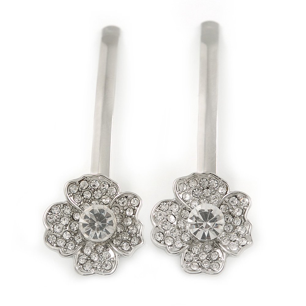 2 Bridal/Prom Clear Crystal Flower Hair Grips/Slides In Rhodium Plated Metal - 60mm Across
