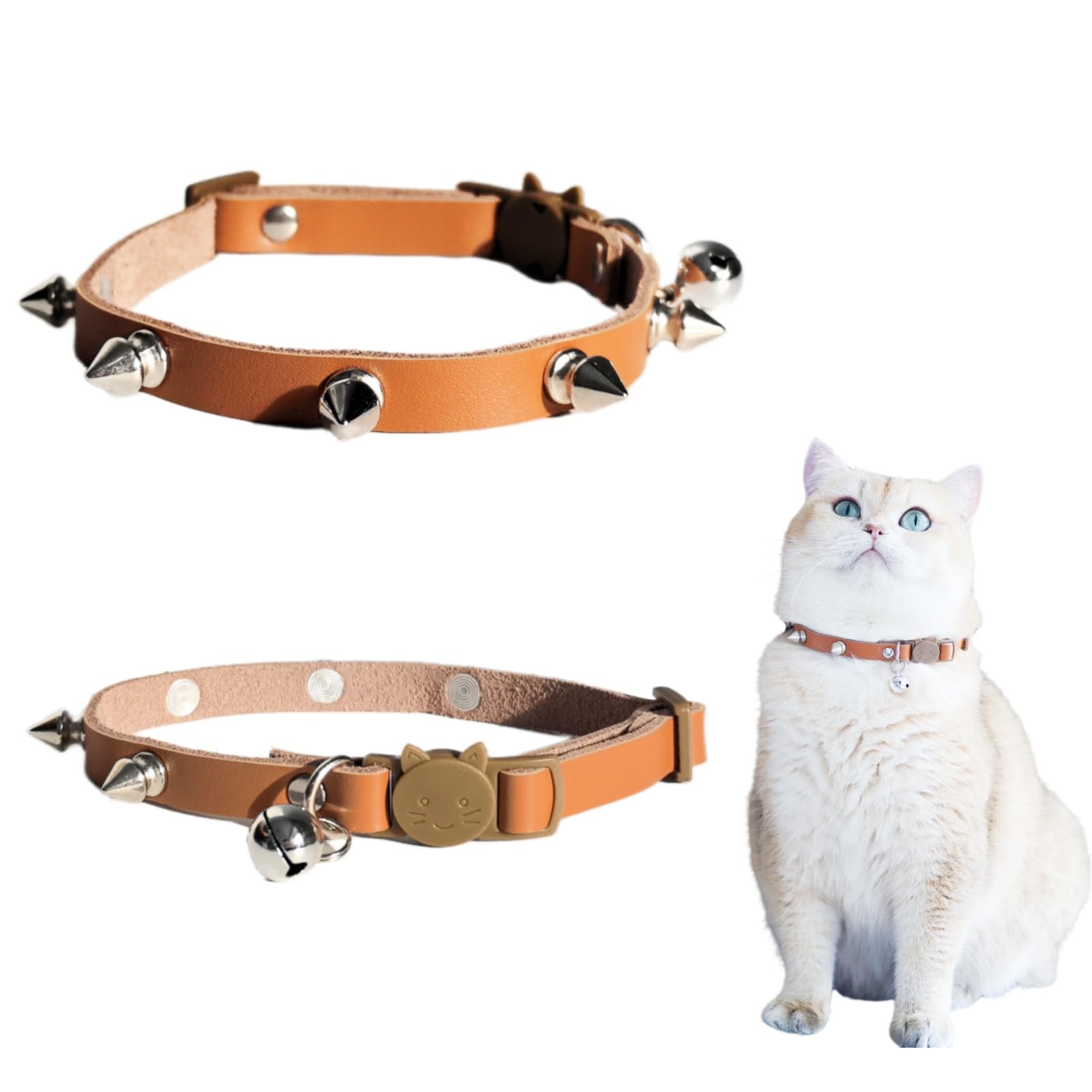 Photo 1 of Spiked Cat Collar with Bells, Breakaway Genuine Leather Protective Collar for Kitty, Studs Spikes Punk Style Adjustable for Girl Boy Kittens Small Bunny Rabbit, 8"-9.5" Brown